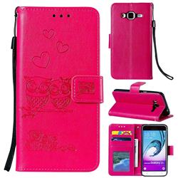 Embossing Owl Couple Flower Leather Wallet Case for Samsung Galaxy J3 2016 J320 - Red