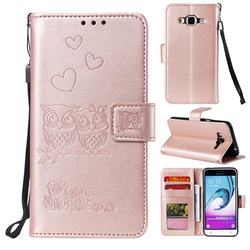Embossing Owl Couple Flower Leather Wallet Case for Samsung Galaxy J3 2016 J320 - Rose Gold