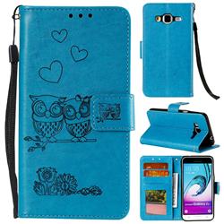 Embossing Owl Couple Flower Leather Wallet Case for Samsung Galaxy J3 2016 J320 - Blue