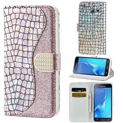 Glitter Diamond Buckle Laser Stitching Leather Wallet Phone Case for Samsung Galaxy J3 2016 J320 - Pink