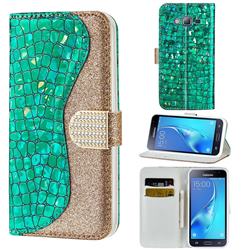 Glitter Diamond Buckle Laser Stitching Leather Wallet Phone Case for Samsung Galaxy J3 2016 J320 - Green