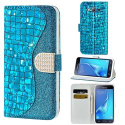 Glitter Diamond Buckle Laser Stitching Leather Wallet Phone Case for Samsung Galaxy J3 2016 J320 - Blue
