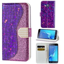 Glitter Diamond Buckle Laser Stitching Leather Wallet Phone Case for Samsung Galaxy J3 2016 J320 - Purple