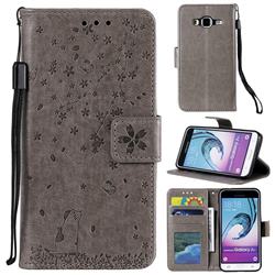 Embossing Cherry Blossom Cat Leather Wallet Case for Samsung Galaxy J3 2016 J320 - Gray