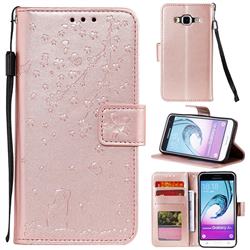 Embossing Cherry Blossom Cat Leather Wallet Case for Samsung Galaxy J3 2016 J320 - Rose Gold