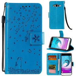 Embossing Cherry Blossom Cat Leather Wallet Case for Samsung Galaxy J3 2016 J320 - Blue