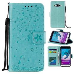 Embossing Cherry Blossom Cat Leather Wallet Case for Samsung Galaxy J3 2016 J320 - Green