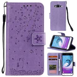 Embossing Cherry Blossom Cat Leather Wallet Case for Samsung Galaxy J3 2016 J320 - Purple