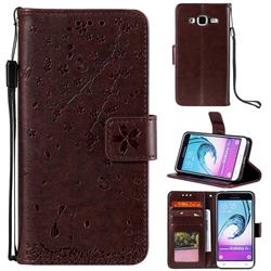 Embossing Cherry Blossom Cat Leather Wallet Case for Samsung Galaxy J3 2016 J320 - Brown