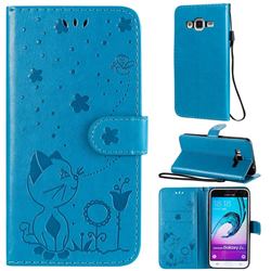 Embossing Bee and Cat Leather Wallet Case for Samsung Galaxy J3 2016 J320 - Blue