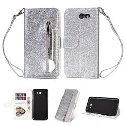 Glitter Shine Leather Zipper Wallet Phone Case for Samsung Galaxy J3 2017 Emerge US Edition - Silver