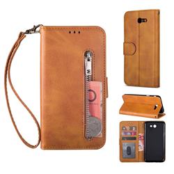 Retro Calfskin Zipper Leather Wallet Case Cover for Samsung Galaxy J3 2017 Emerge US Edition - Brown