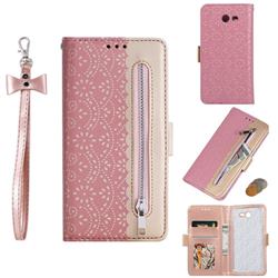 Luxury Lace Zipper Stitching Leather Phone Wallet Case for Samsung Galaxy J3 2017 Emerge US Edition - Pink