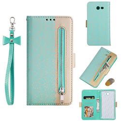 Luxury Lace Zipper Stitching Leather Phone Wallet Case for Samsung Galaxy J3 2017 Emerge US Edition - Green
