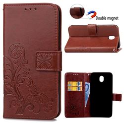 Embossing Imprint Four-Leaf Clover Leather Wallet Case for Samsung Galaxy J3 2017 J330 - Brown