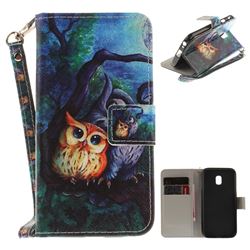 Oil Painting Owl Hand Strap Leather Wallet Case for Samsung Galaxy J3 2017 J330 Eurasian