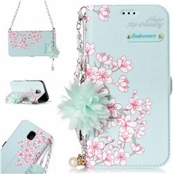Cherry Blossoms Endeavour Florid Pearl Flower Pendant Metal Strap PU Leather Wallet Case for Samsung Galaxy J3 2017 J330 Eurasian