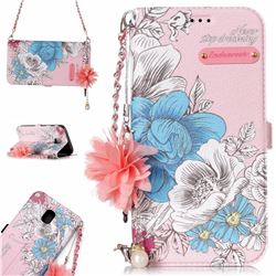 Pink Blue Rose Endeavour Florid Pearl Flower Pendant Metal Strap PU Leather Wallet Case for Samsung Galaxy J3 2017 J330 Eurasian