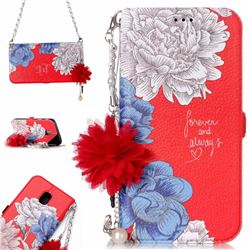 Red Chrysanthemum Endeavour Florid Pearl Flower Pendant Metal Strap PU Leather Wallet Case for Samsung Galaxy J3 2017 J330 Eurasian