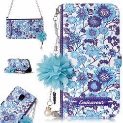 Blue-and-White Endeavour Florid Pearl Flower Pendant Metal Strap PU Leather Wallet Case for Samsung Galaxy J3 2017 J330 Eurasian