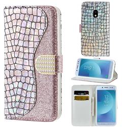 Glitter Diamond Buckle Laser Stitching Leather Wallet Phone Case for Samsung Galaxy J3 2017 J330 Eurasian - Pink