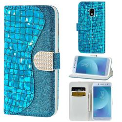 Glitter Diamond Buckle Laser Stitching Leather Wallet Phone Case for Samsung Galaxy J3 2017 J330 Eurasian - Blue