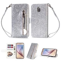 Glitter Shine Leather Zipper Wallet Phone Case for Samsung Galaxy J3 (2018) - Silver