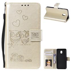 Embossing Owl Couple Flower Leather Wallet Case for Samsung Galaxy J3 (2018) - Golden