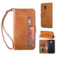 Retro Calfskin Zipper Leather Wallet Case Cover for Samsung Galaxy J3 (2018) - Brown