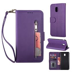 Retro Calfskin Zipper Leather Wallet Case Cover for Samsung Galaxy J3 (2018) - Purple