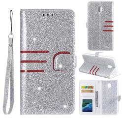 Retro Stitching Glitter Leather Wallet Phone Case for Samsung Galaxy J3 (2018) - Silver