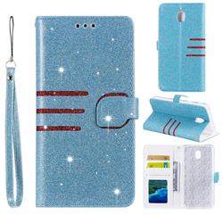 Retro Stitching Glitter Leather Wallet Phone Case for Samsung Galaxy J3 (2018) - Blue