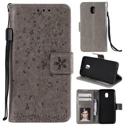Embossing Cherry Blossom Cat Leather Wallet Case for Samsung Galaxy J3 (2018) - Gray