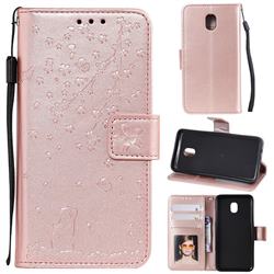Embossing Cherry Blossom Cat Leather Wallet Case for Samsung Galaxy J3 (2018) - Rose Gold