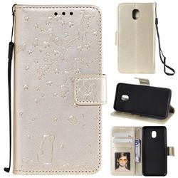 Embossing Cherry Blossom Cat Leather Wallet Case for Samsung Galaxy J3 (2018) - Golden