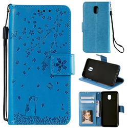 Embossing Cherry Blossom Cat Leather Wallet Case for Samsung Galaxy J3 (2018) - Blue