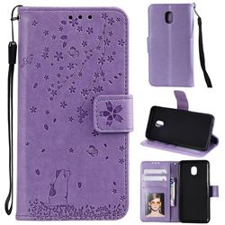 Embossing Cherry Blossom Cat Leather Wallet Case for Samsung Galaxy J3 (2018) - Purple