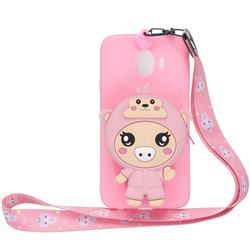 Pink Pig Neck Lanyard Zipper Wallet Silicone Case for Samsung Galaxy J4 (2018) SM-J400F