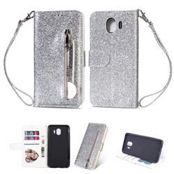 Glitter Shine Leather Zipper Wallet Phone Case for Samsung Galaxy J4 (2018) SM-J400F - Silver