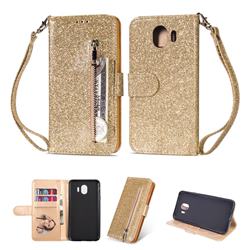 Glitter Shine Leather Zipper Wallet Phone Case for Samsung Galaxy J4 (2018) SM-J400F - Gold
