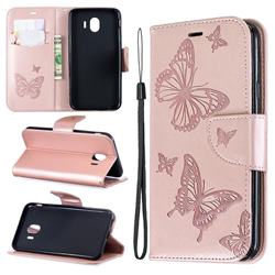 Embossing Double Butterfly Leather Wallet Case for Samsung Galaxy J4 (2018) SM-J400F - Rose Gold