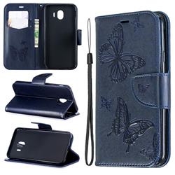 Embossing Double Butterfly Leather Wallet Case for Samsung Galaxy J4 (2018) SM-J400F - Dark Blue