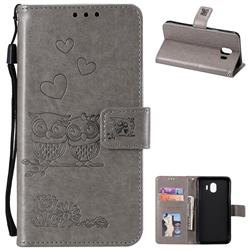 Embossing Owl Couple Flower Leather Wallet Case for Samsung Galaxy J4 (2018) SM-J400F - Gray