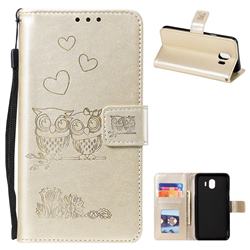Embossing Owl Couple Flower Leather Wallet Case for Samsung Galaxy J4 (2018) SM-J400F - Golden