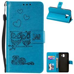 Embossing Owl Couple Flower Leather Wallet Case for Samsung Galaxy J4 (2018) SM-J400F - Blue