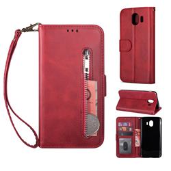 Retro Calfskin Zipper Leather Wallet Case Cover for Samsung Galaxy J4 (2018) SM-J400F - Red
