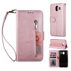 Retro Calfskin Zipper Leather Wallet Case Cover for Samsung Galaxy J4 (2018) SM-J400F - Rose Gold