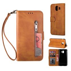 Retro Calfskin Zipper Leather Wallet Case Cover for Samsung Galaxy J4 (2018) SM-J400F - Brown