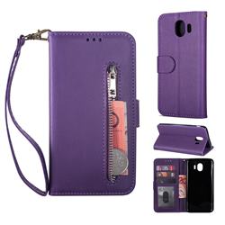 Retro Calfskin Zipper Leather Wallet Case Cover for Samsung Galaxy J4 (2018) SM-J400F - Purple