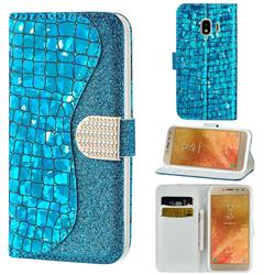 Glitter Diamond Buckle Laser Stitching Leather Wallet Phone Case for Samsung Galaxy J4 (2018) SM-J400F - Blue